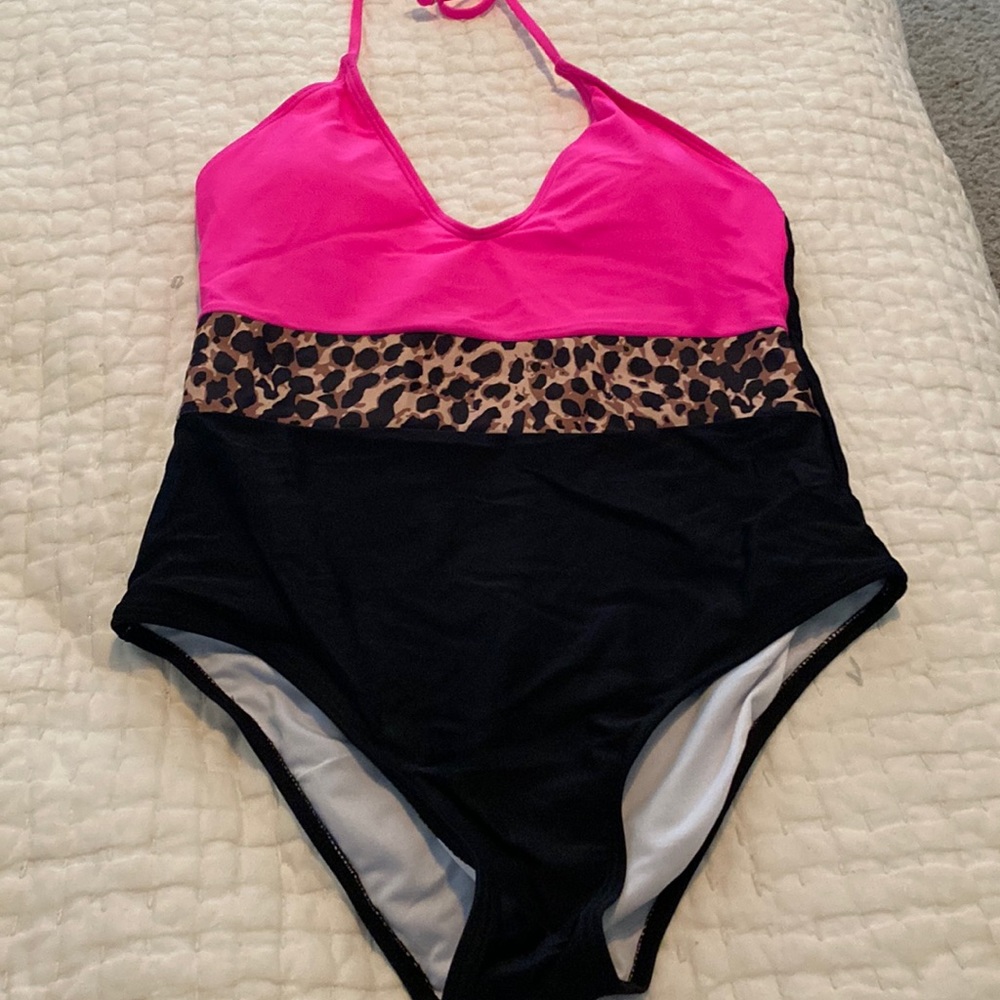 Pink Lilly hot pink black leopard halter one piece M